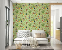 Monkey wallpaper featuring colorful fruits in a jungle theme

