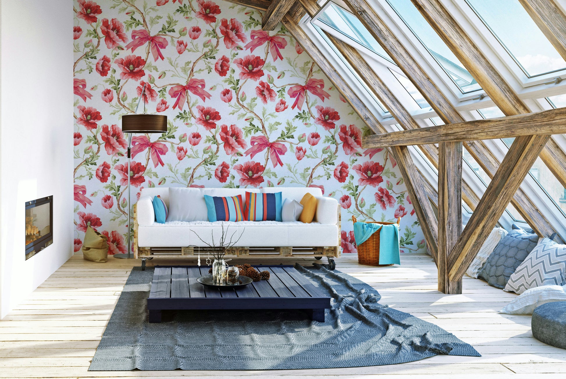 Romantic Poppy Blooms & Bows Pattern for Walls

