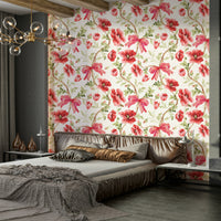 Feminine Poppy Blooms & Bows Wallpaper for Interiors

