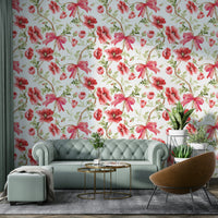 Chic Poppy Blooms & Bows Wallpaper for Modern Rooms

