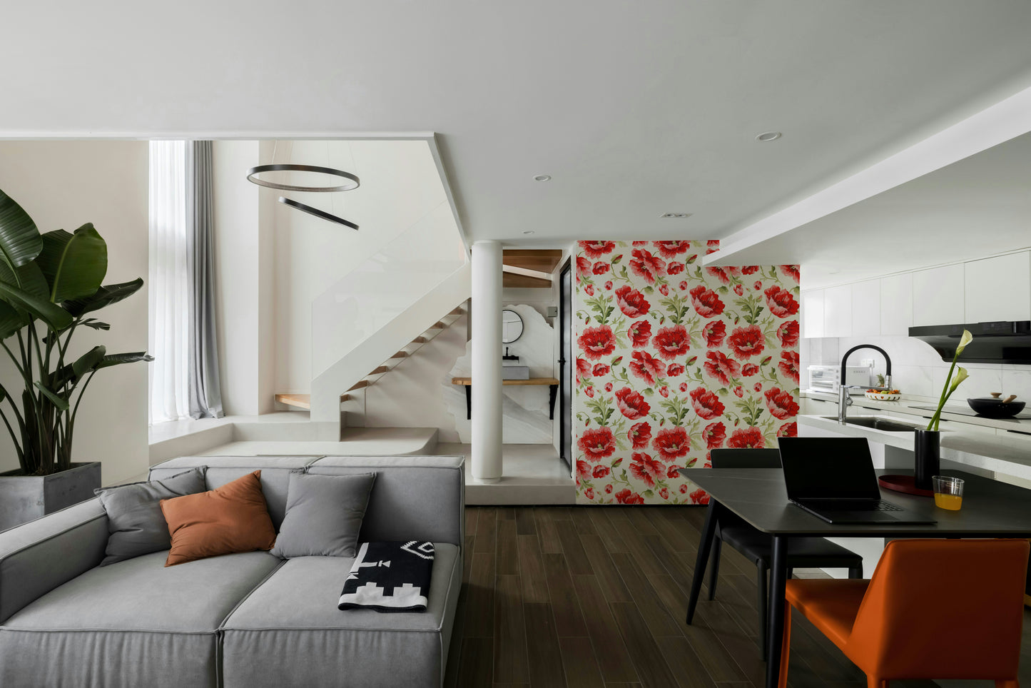 Watercolor poppy floral wall covering

