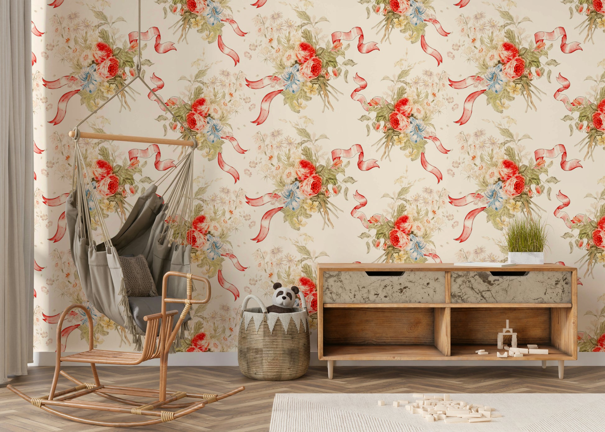 Whimsical rose garden floral wallpaper

