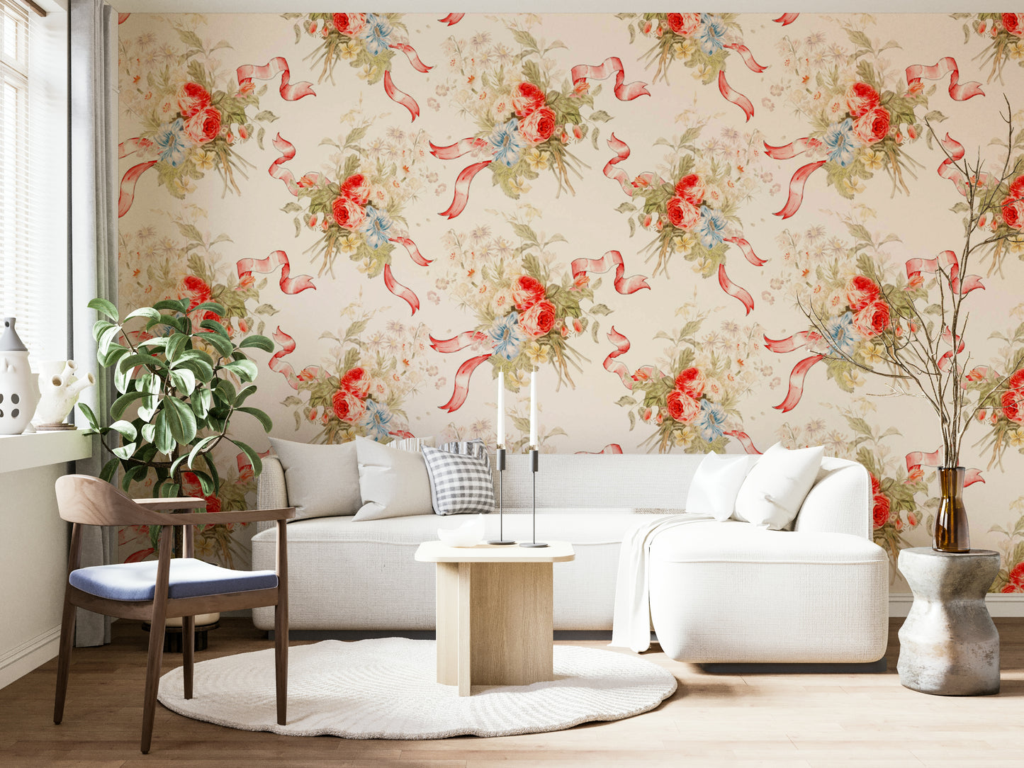 Light floral mural with whimsical charm

