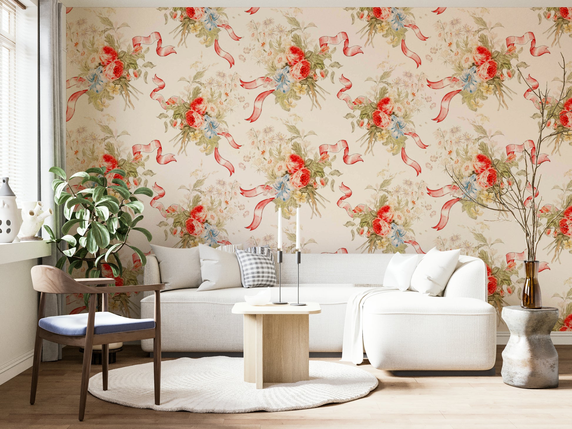 Light floral mural with whimsical charm

