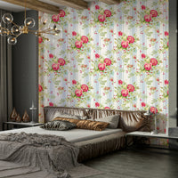 Striped rose wallpaper with floral accents

