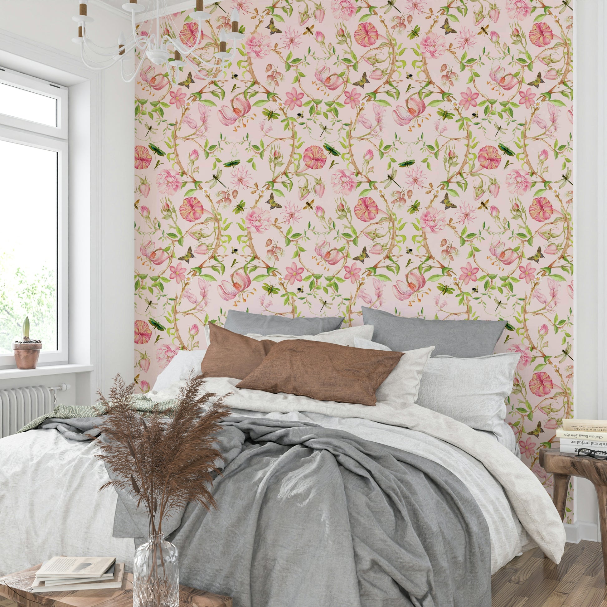 Romantic floral and bird wallpaper mural

