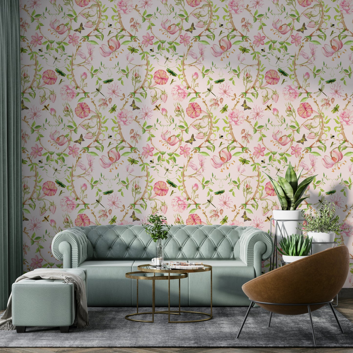 Secret garden wall mural with soft flowers

