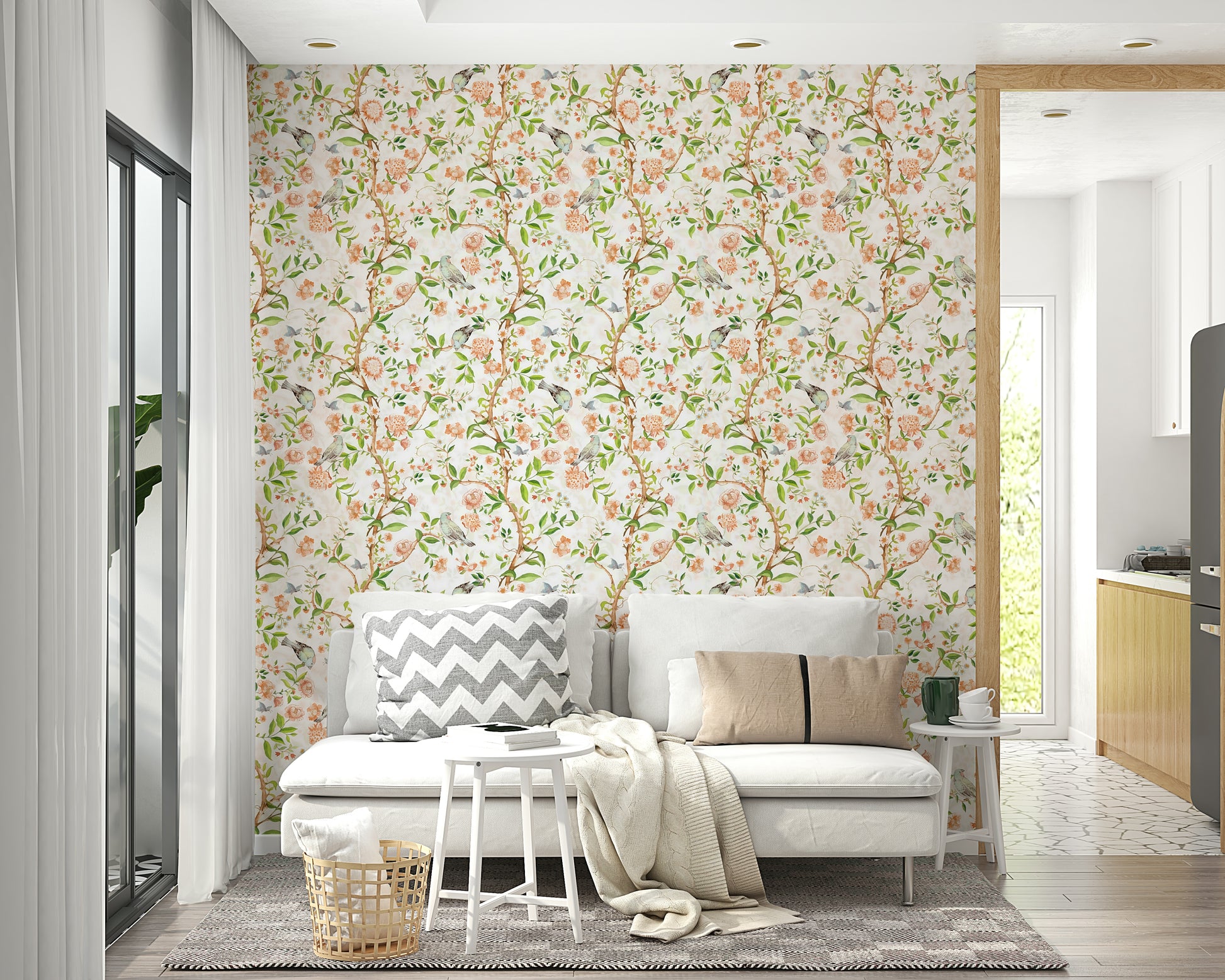 Enchanted floral mural in soft pastel tones


