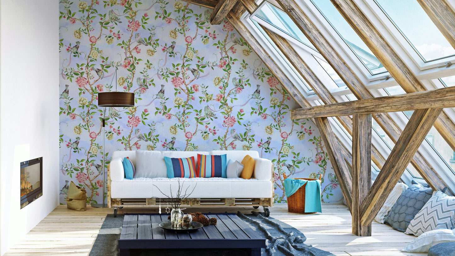 Watercolor floral Chinoiserie wall mural

