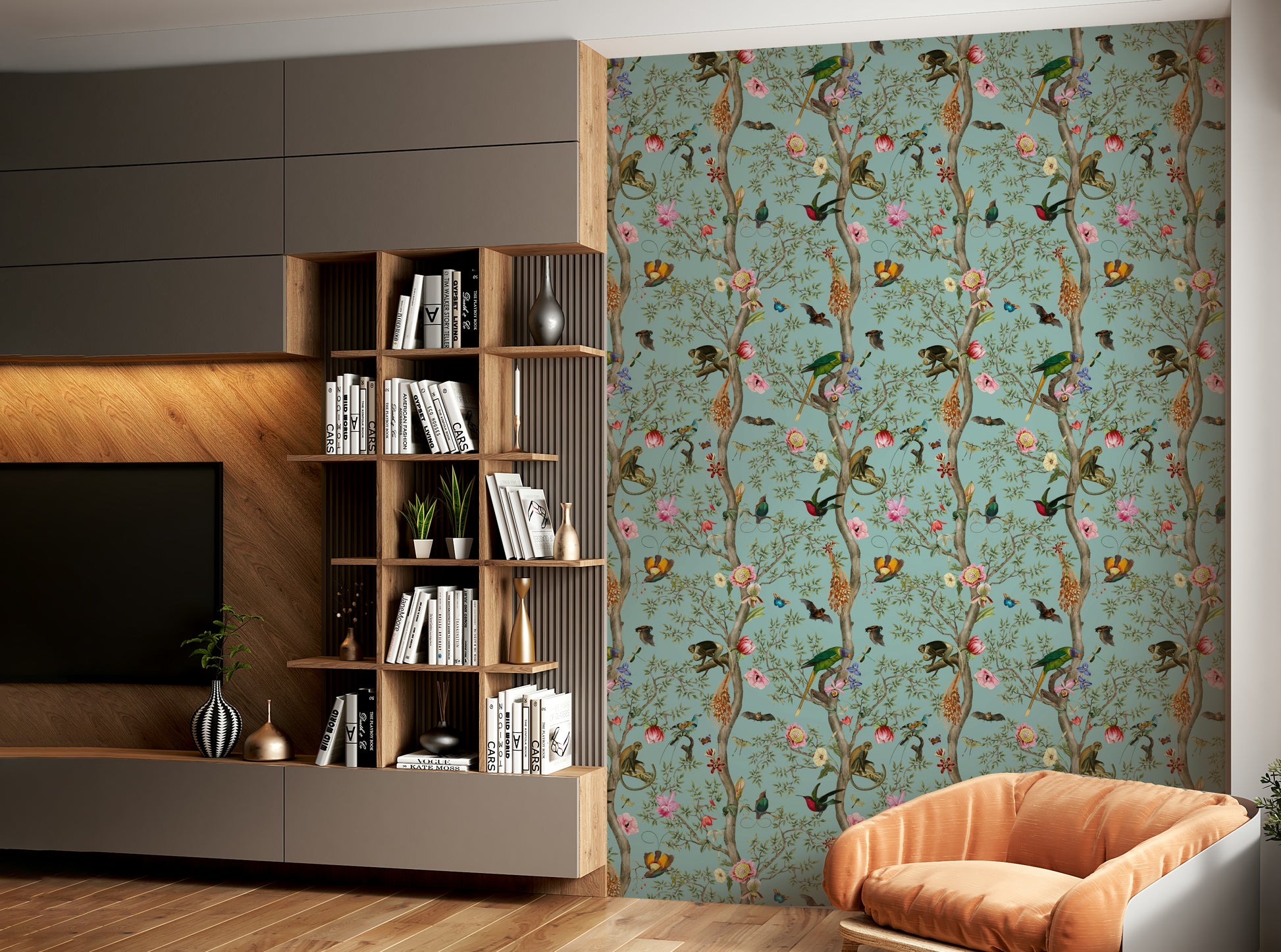 Parrot and foliage wallpaper in bold tones

