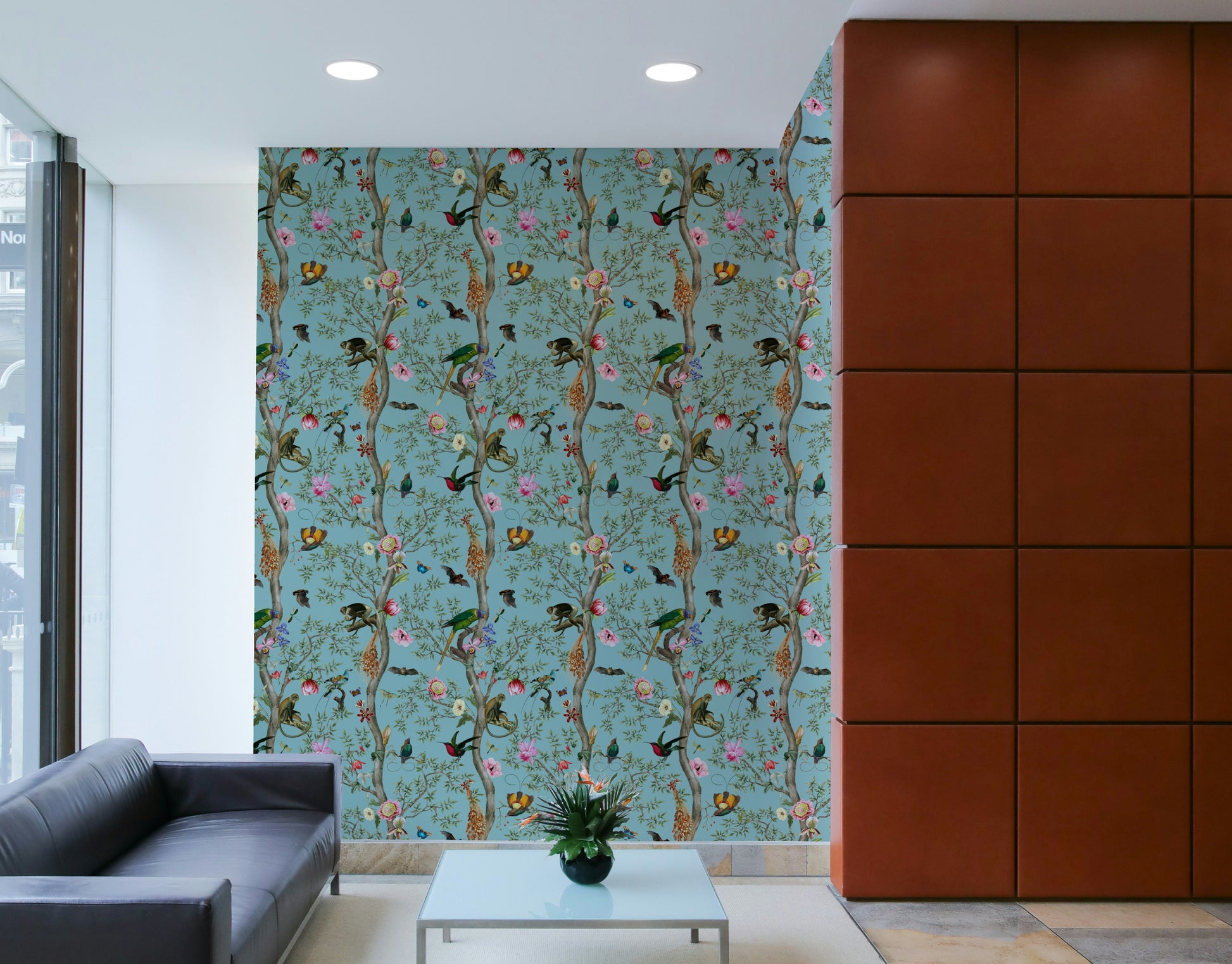 Birds of paradise wall design in vivid colors

