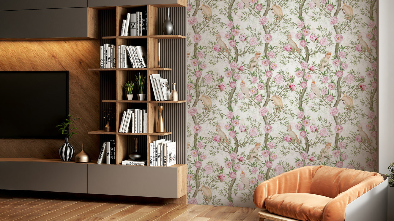 Birds resting on floral branches wall art

