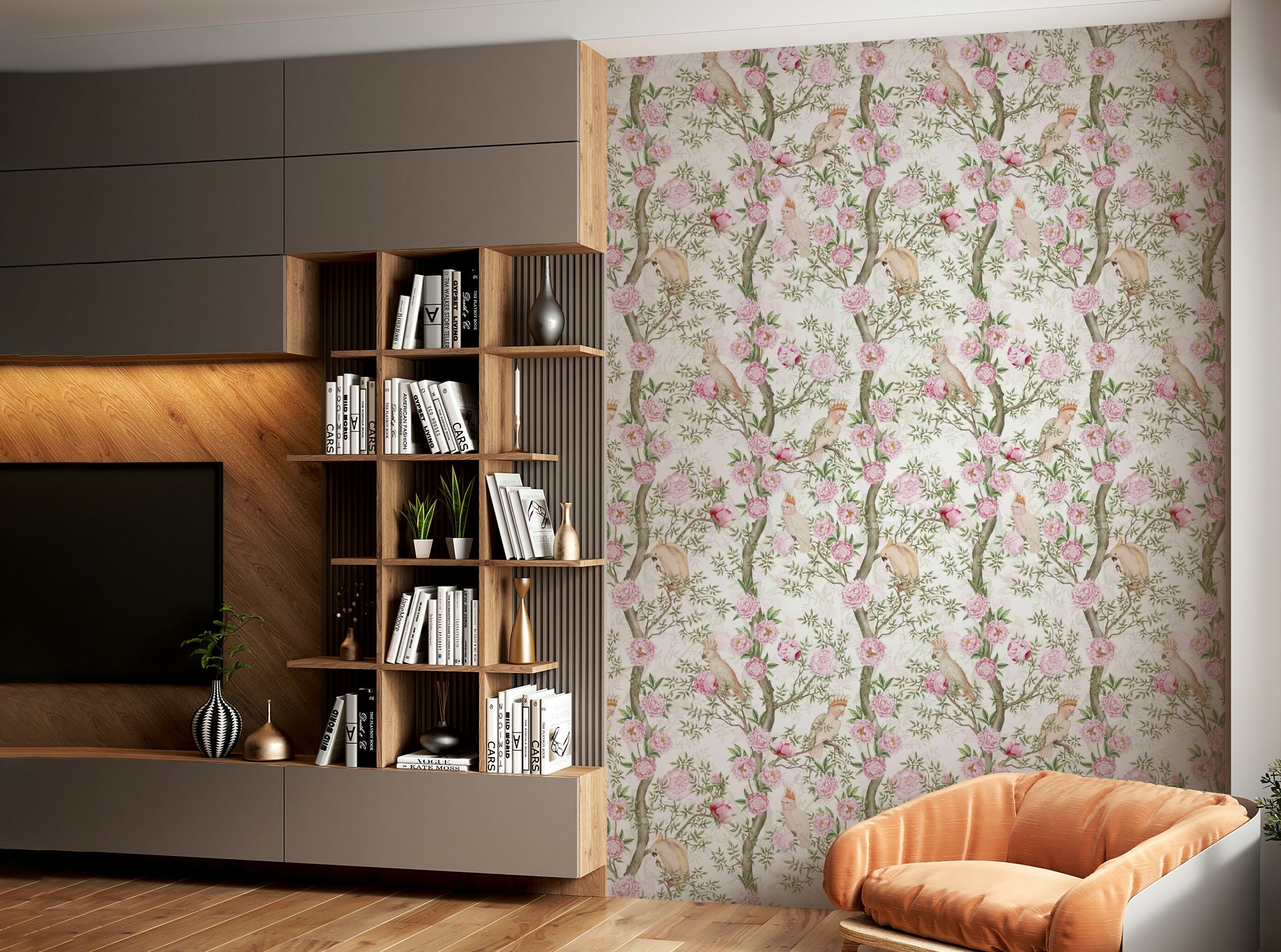 Soft blush floral mural for cozy spaces


