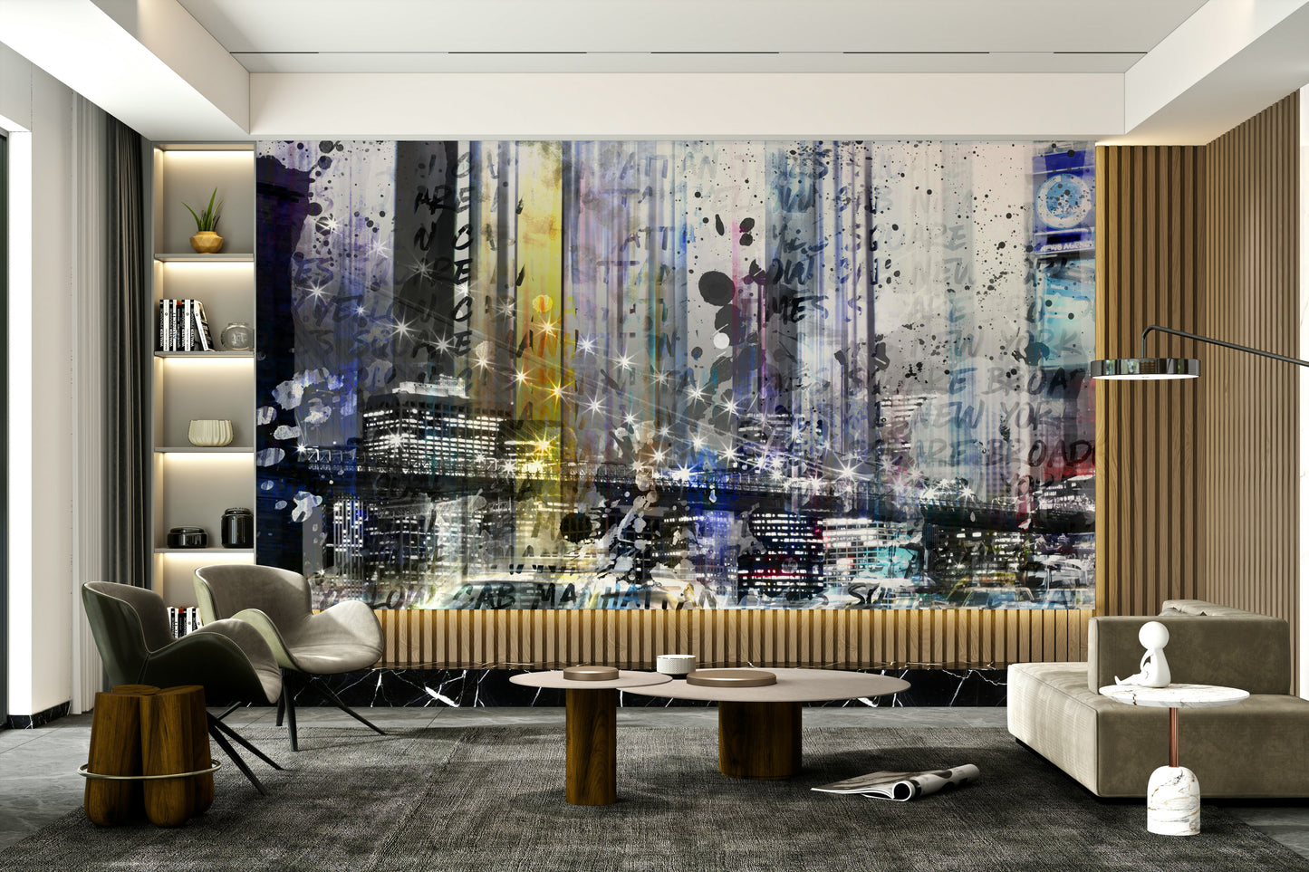 Eclectic wall mural with overlapping New York visuals and textures.

