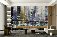 Eclectic wall mural with overlapping New York visuals and textures.

