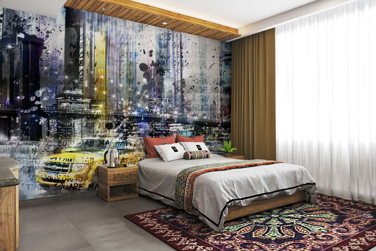 Bold New York collage mural featuring skyscrapers and street art.

