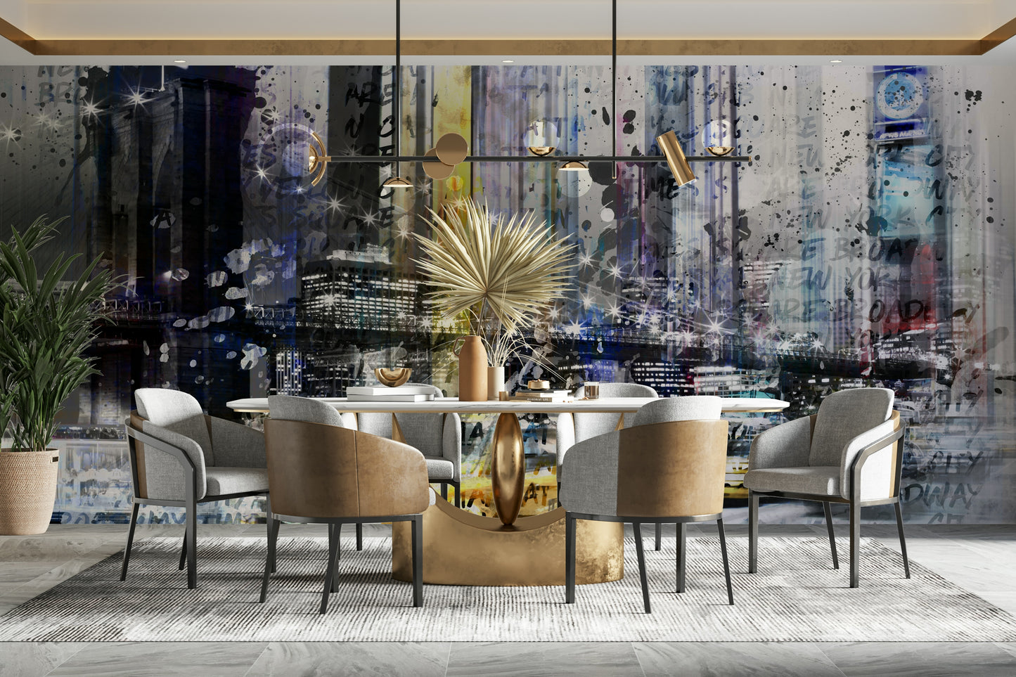 New York wall art combining architecture, street signs, and color.

