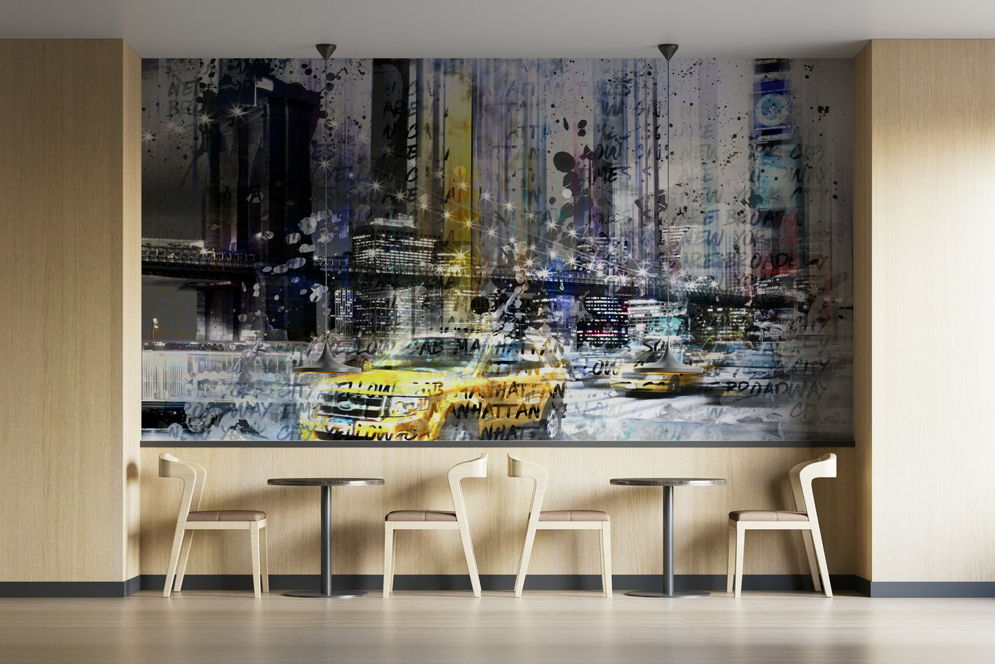 Black and white NYC collage mural with vibrant graphic accents.

