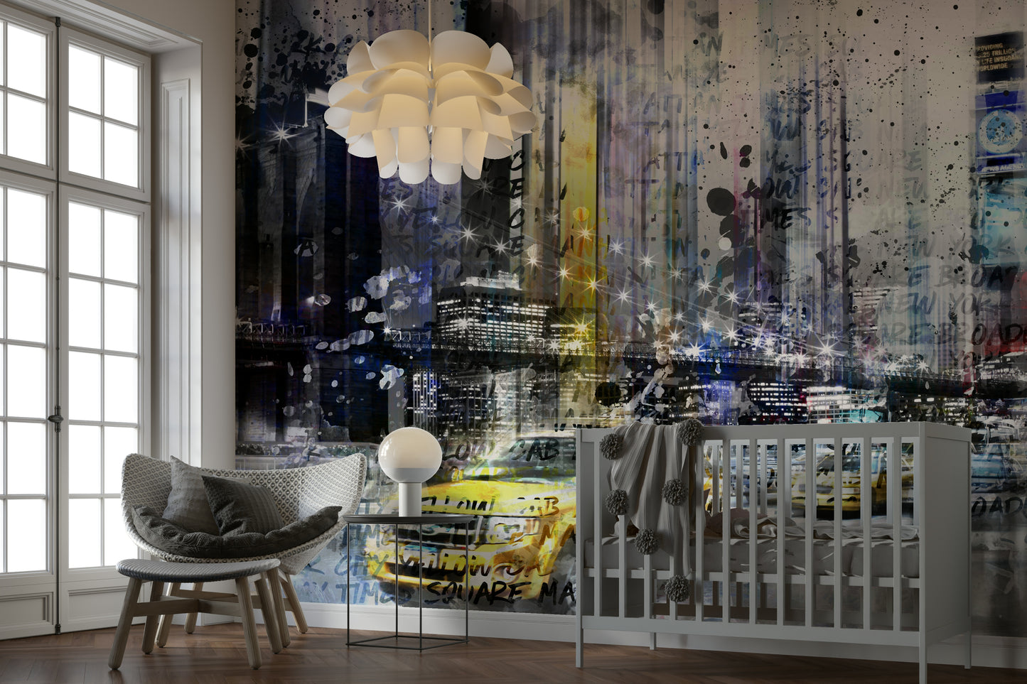Grunge-style NYC mural blending modern art and iconic views.

