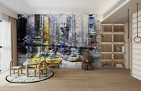 Artistic mural of NYC with abstract patterns and urban imagery.

