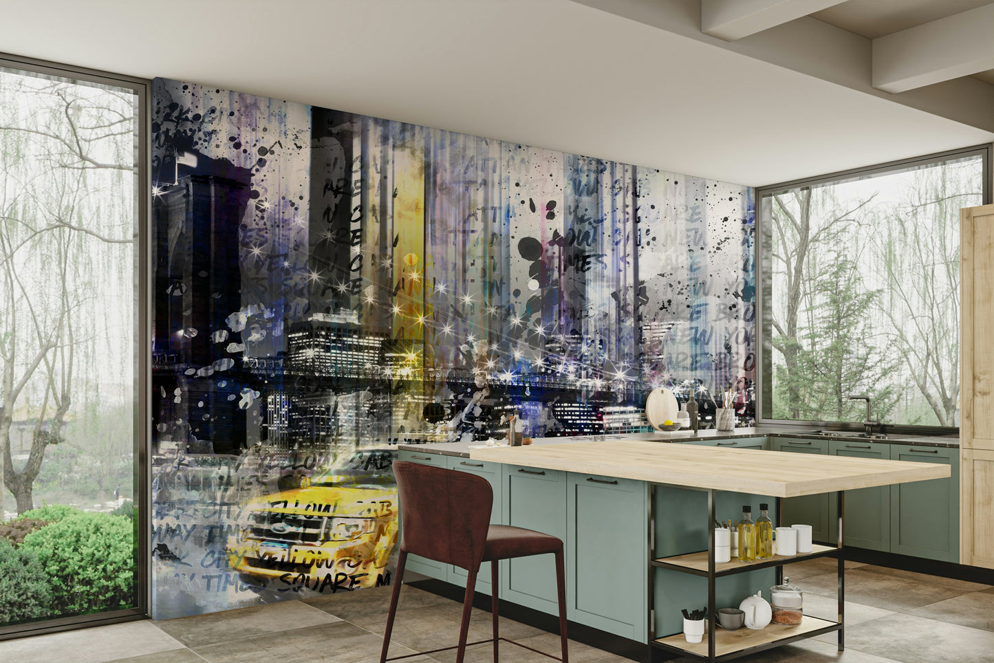 Modern NYC wall mural with collage of city landmarks and textures.

