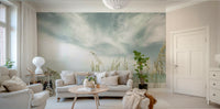 Dreamy beach mural in a soft, washed-out vintage finish.

