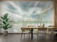 Retro-style beach mural capturing peaceful seaside stillness.

