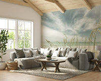 Soft-toned mural with waves, dunes, and vintage beach charm.

