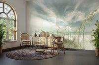 Wall mural evoking calm with a faded beach horizon and sky.

