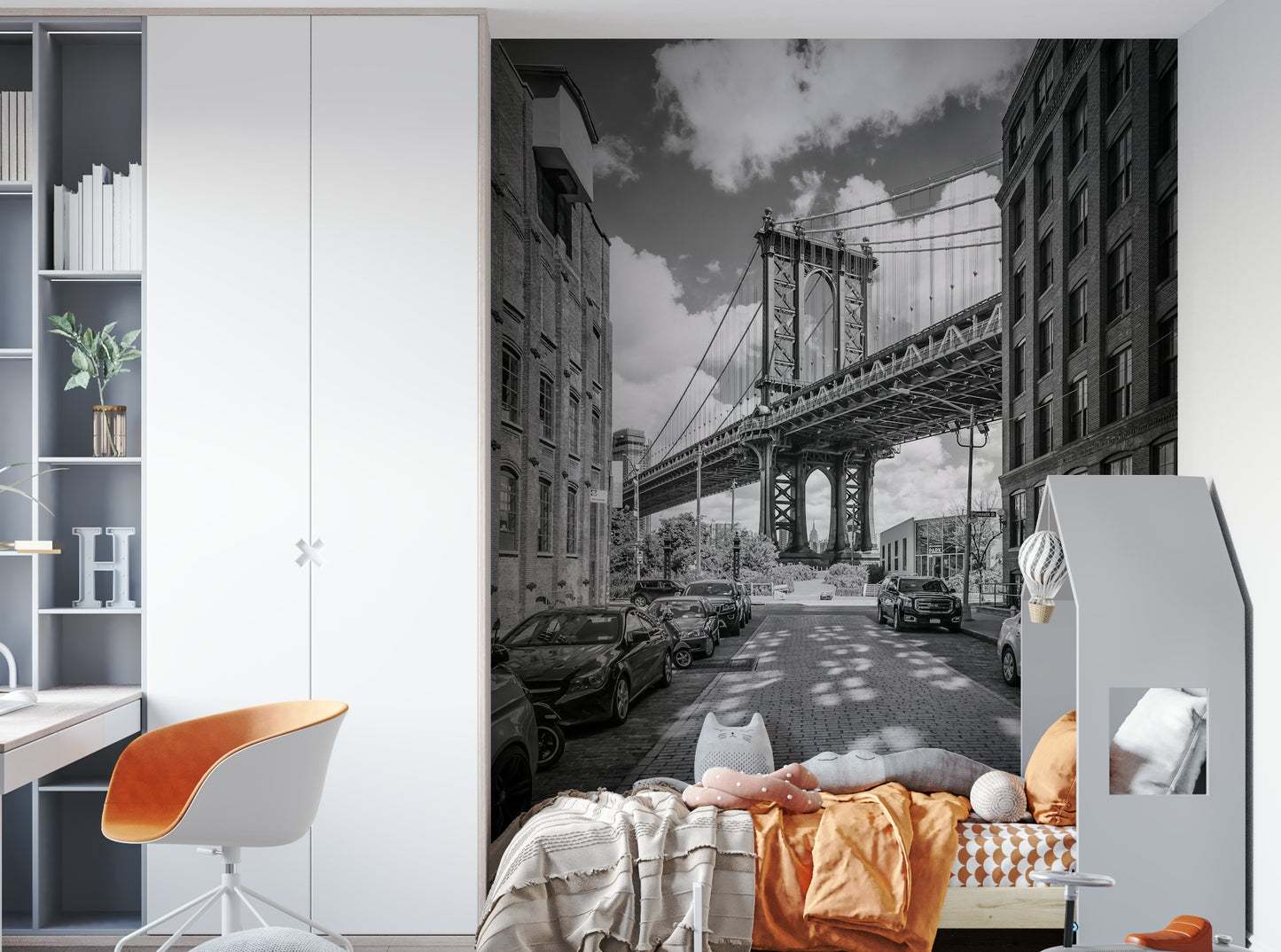 Modern industrial mural of Manhattan Bridge and surrounding city.

