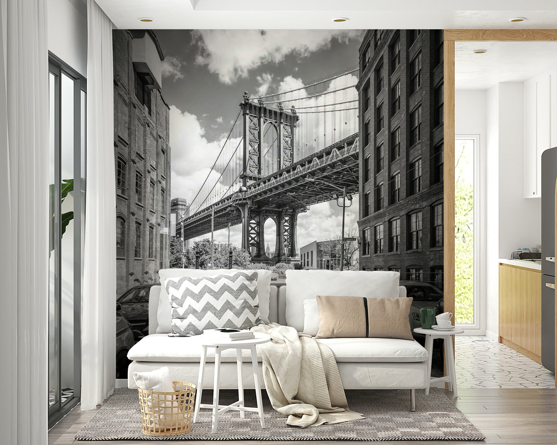 Iconic NYC mural with detailed view of the Manhattan Bridge.


