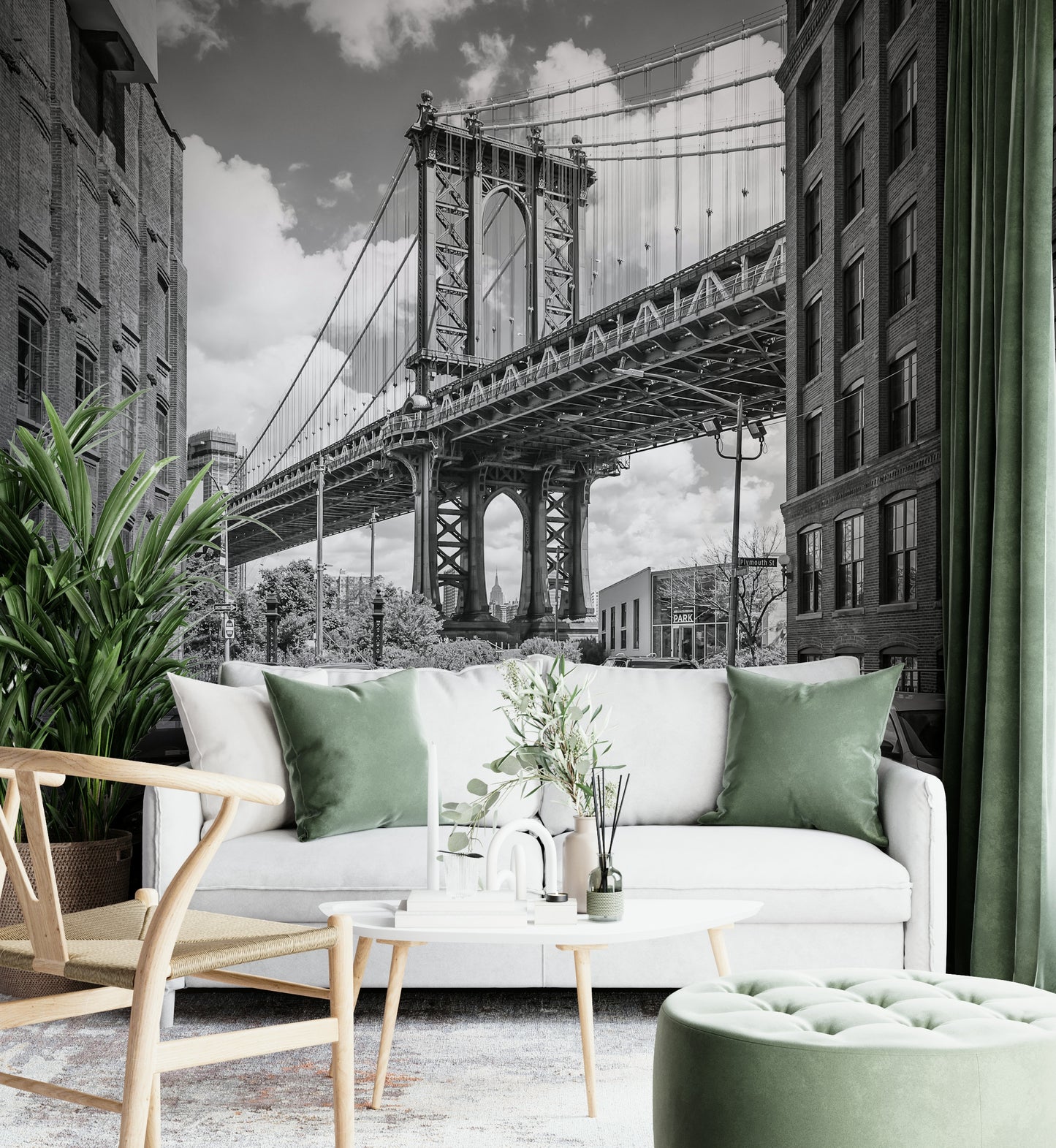 Vintage-style mural with Manhattan Bridge and old NYC charm.

