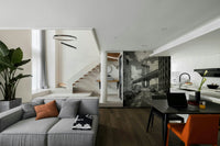 Architectural mural of Manhattan Bridge from street level.

