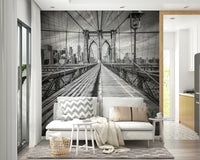 Street-level view mural of Brooklyn Bridge and classic NYC vibe.


