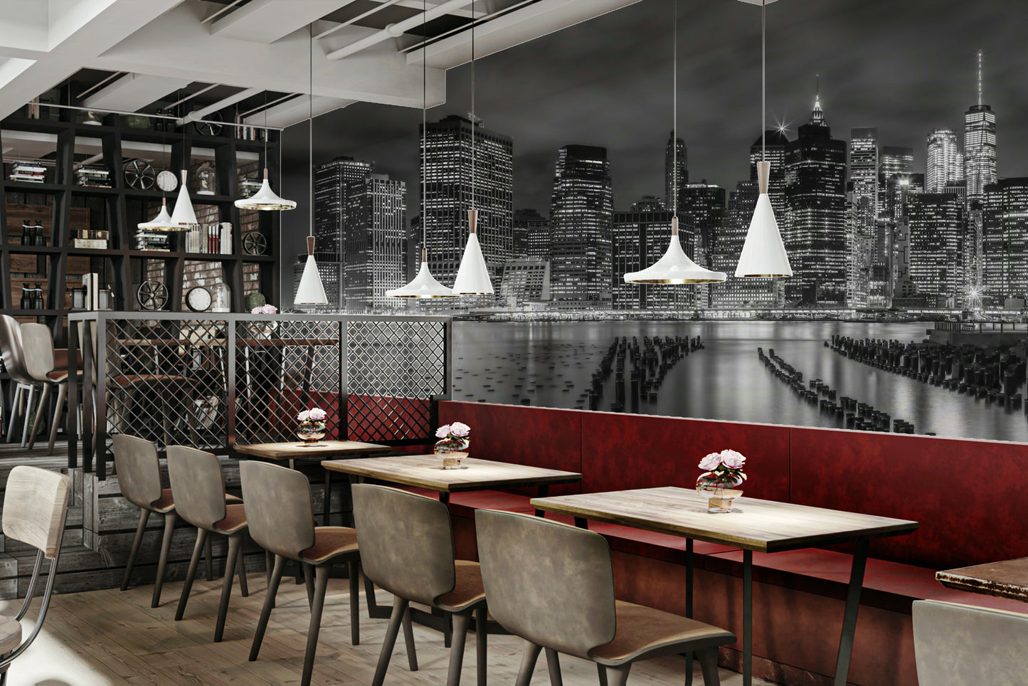 Elegant urban mural of NYC skyline lights in black and grey.

