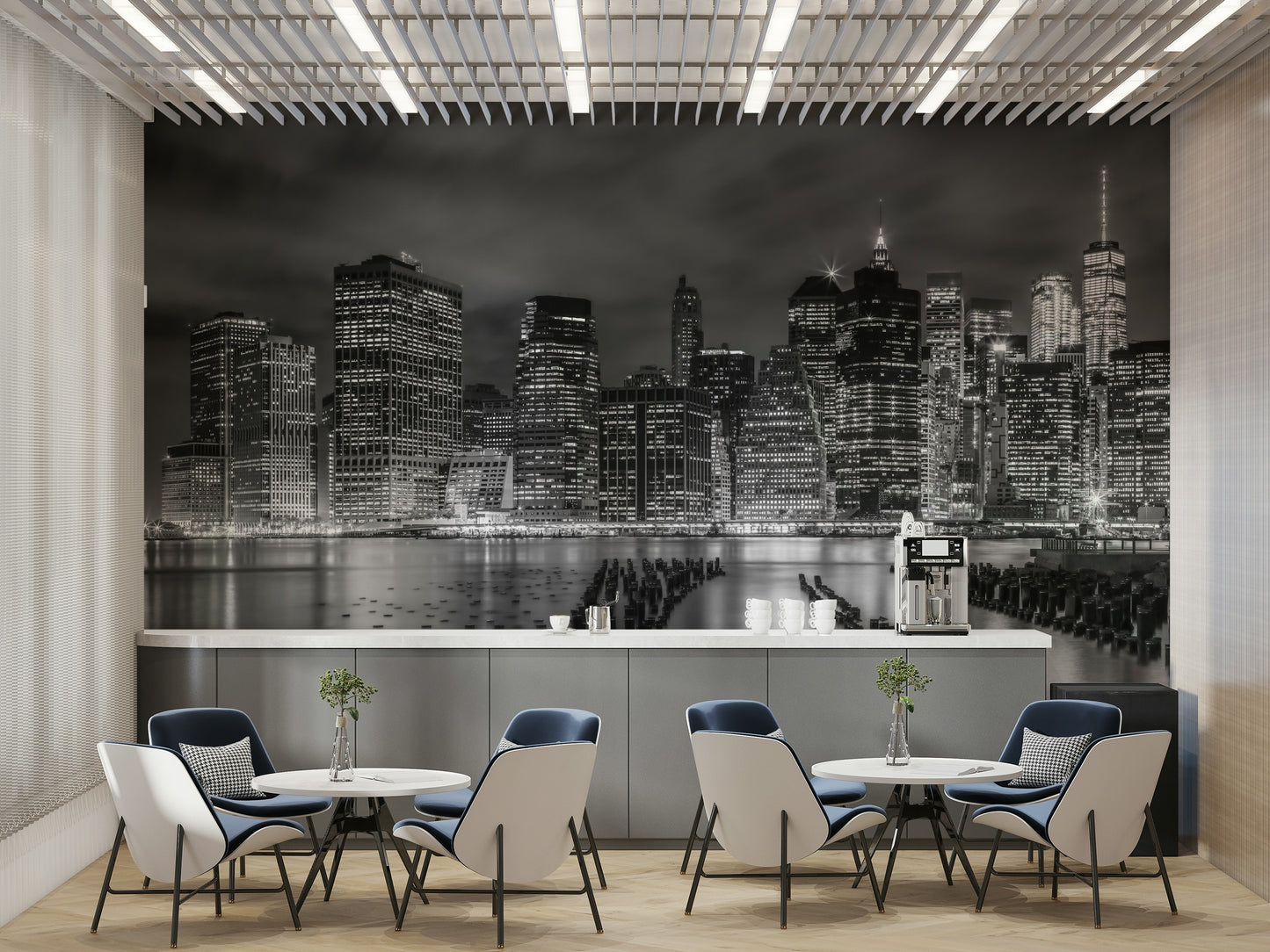 Nighttime mural of NYC in a noir-inspired monochrome palette.

