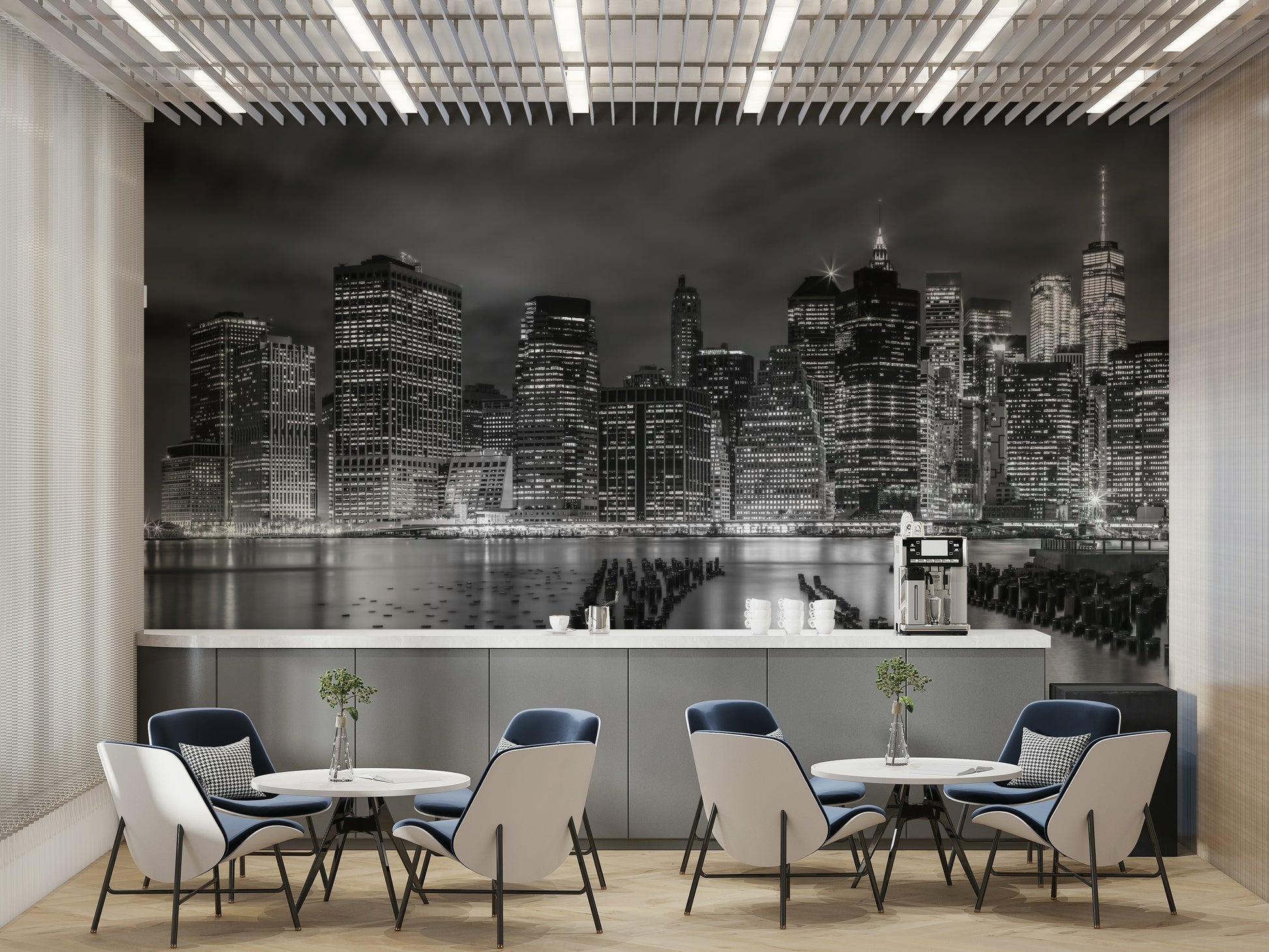Nighttime mural of NYC in a noir-inspired monochrome palette.

