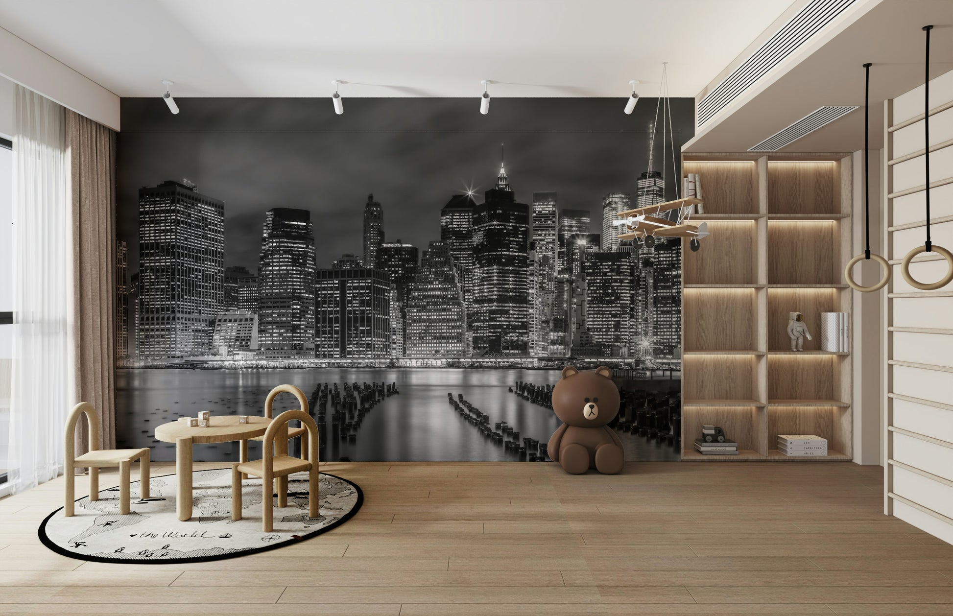 Monochrome wall mural of New York City skyline at night.

