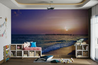 Serene sunset mural with ocean reflections and pastel skies.

