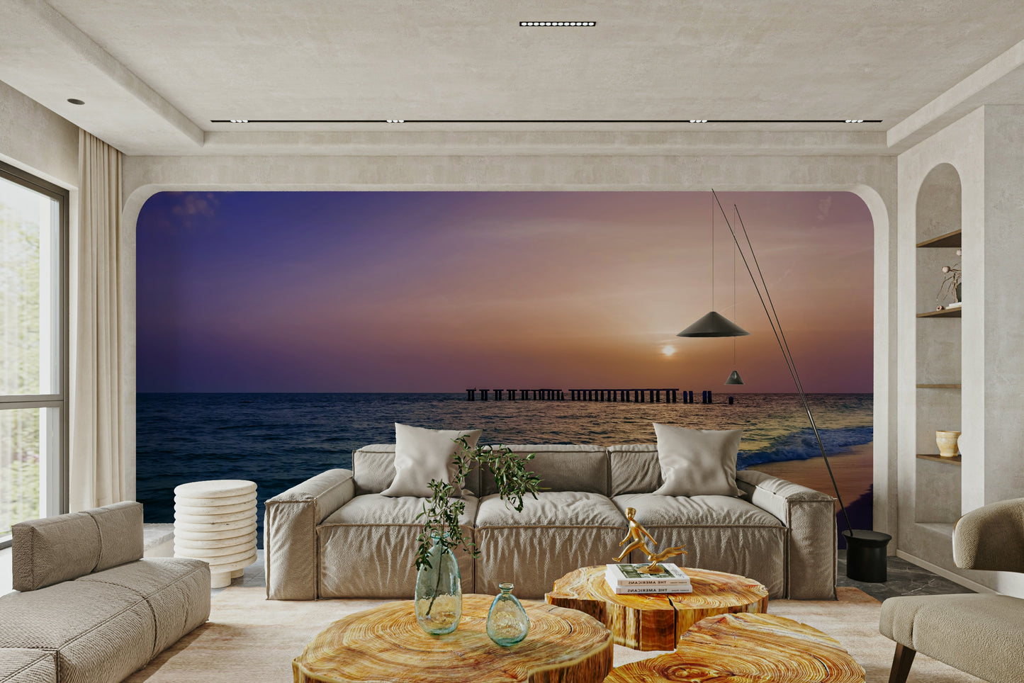 Golden sunset mural with palm trees and ocean horizon.

