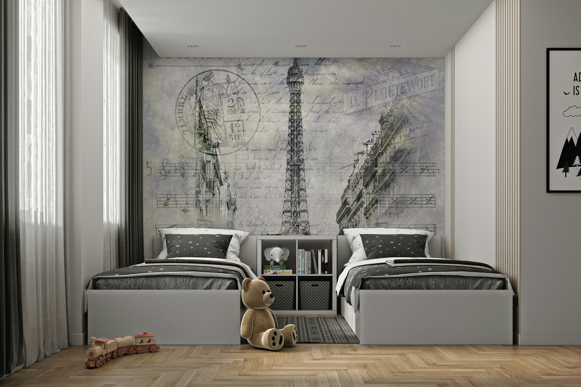 Paris wall mural with Eiffel Tower and bustling streetscape.

