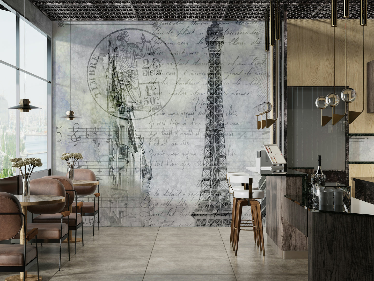 French wall mural blending street activity with historic charm.

