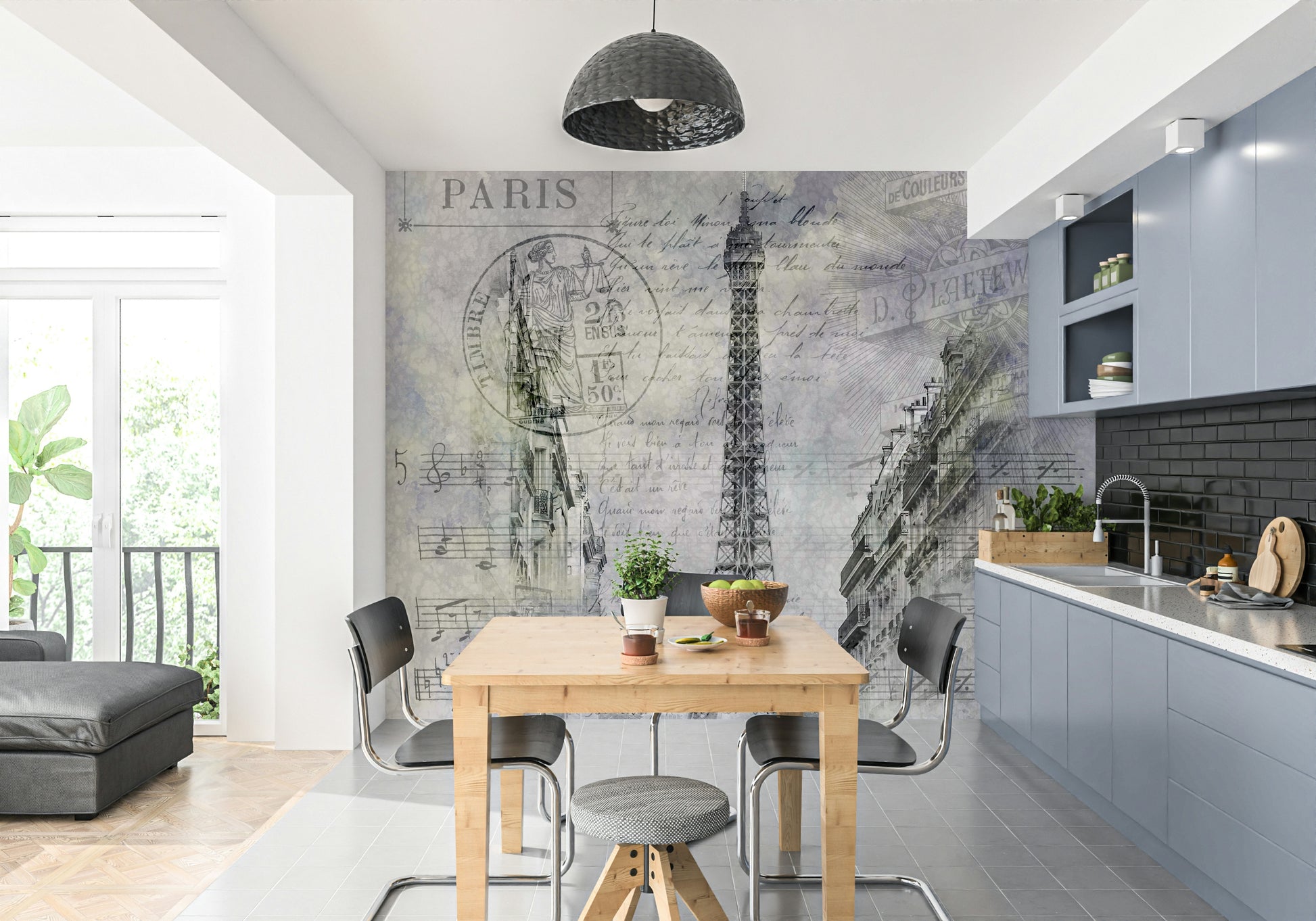 Cityscape mural of Paris street life and iconic tower view.


