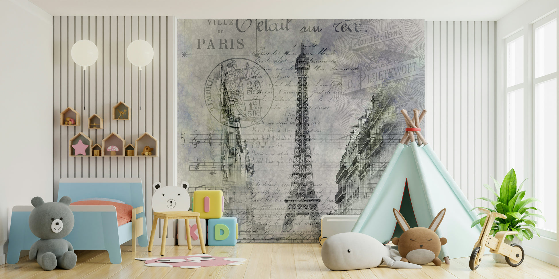 Black-and-white mural with Eiffel Tower and vintage Paris details.

