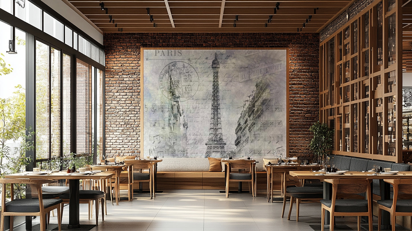 Eiffel Tower collage mural with urban Paris elements and textures.

