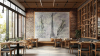 Eiffel Tower collage mural with urban Paris elements and textures.

