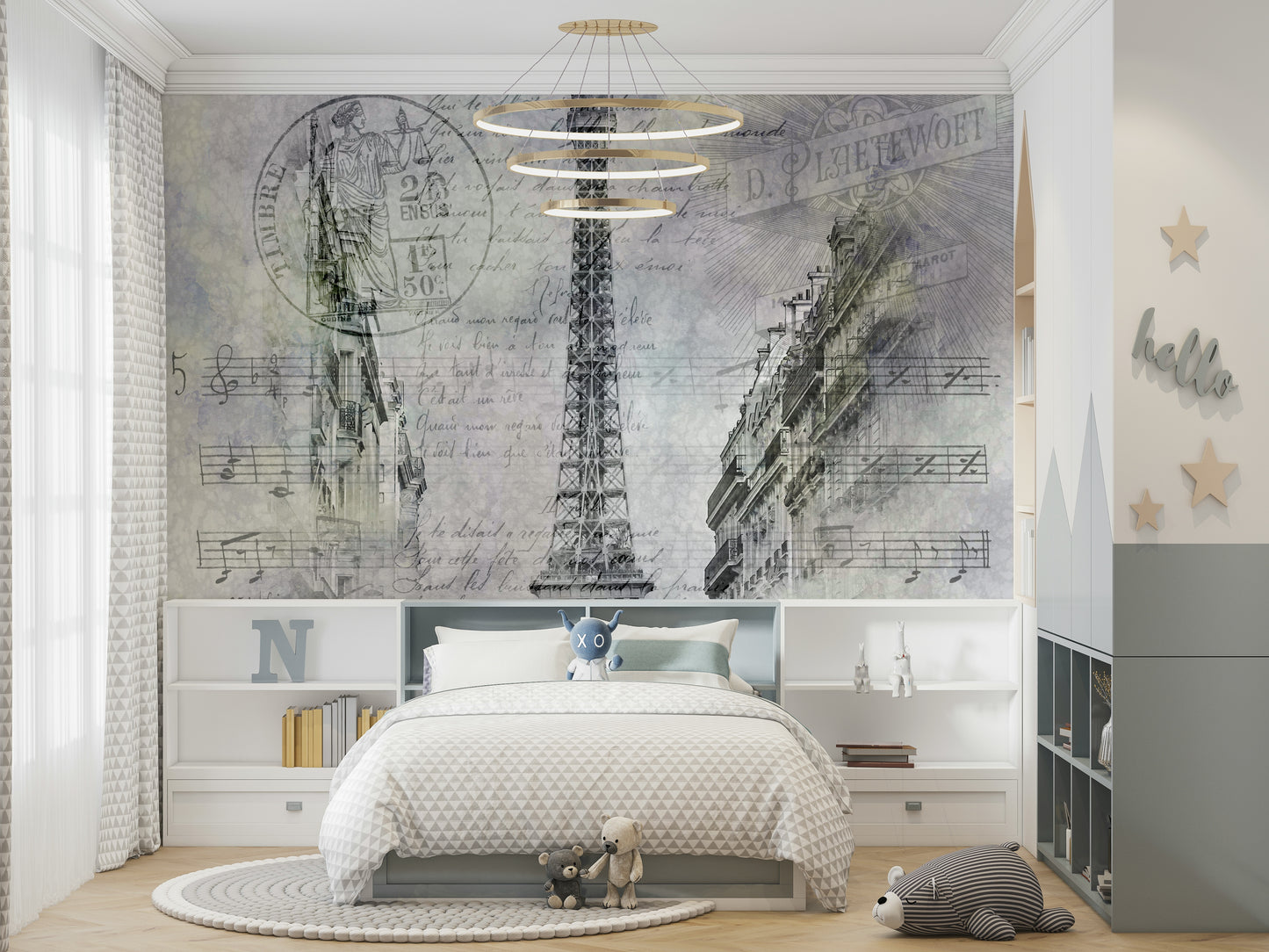 Mural showing Eiffel Tower framed by Parisian buildings and cafés.

