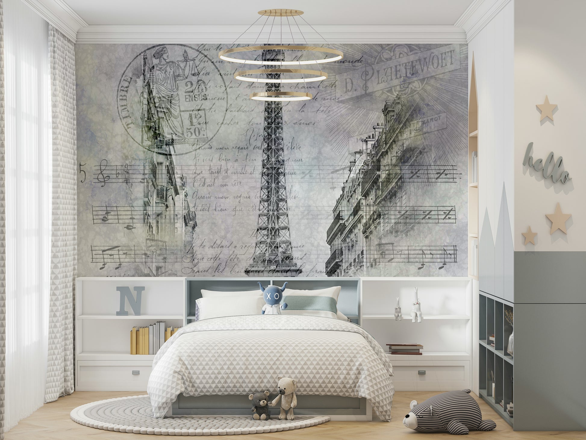 Mural showing Eiffel Tower framed by Parisian buildings and cafés.

