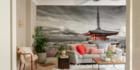 Iconic Japanese mural with color-popped cherry blossoms and Fuji peak.

