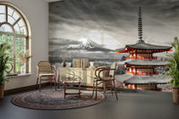 Cultural Japan mural of Fuji and pagoda with blooming cherry trees.

